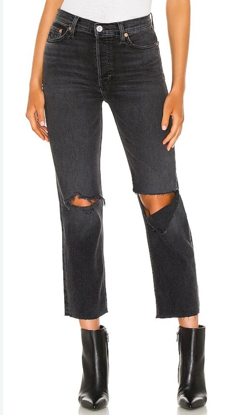 RE/DONE Jeans Originals 70s Stove Pipe Faded Coal Black with Rips size 28